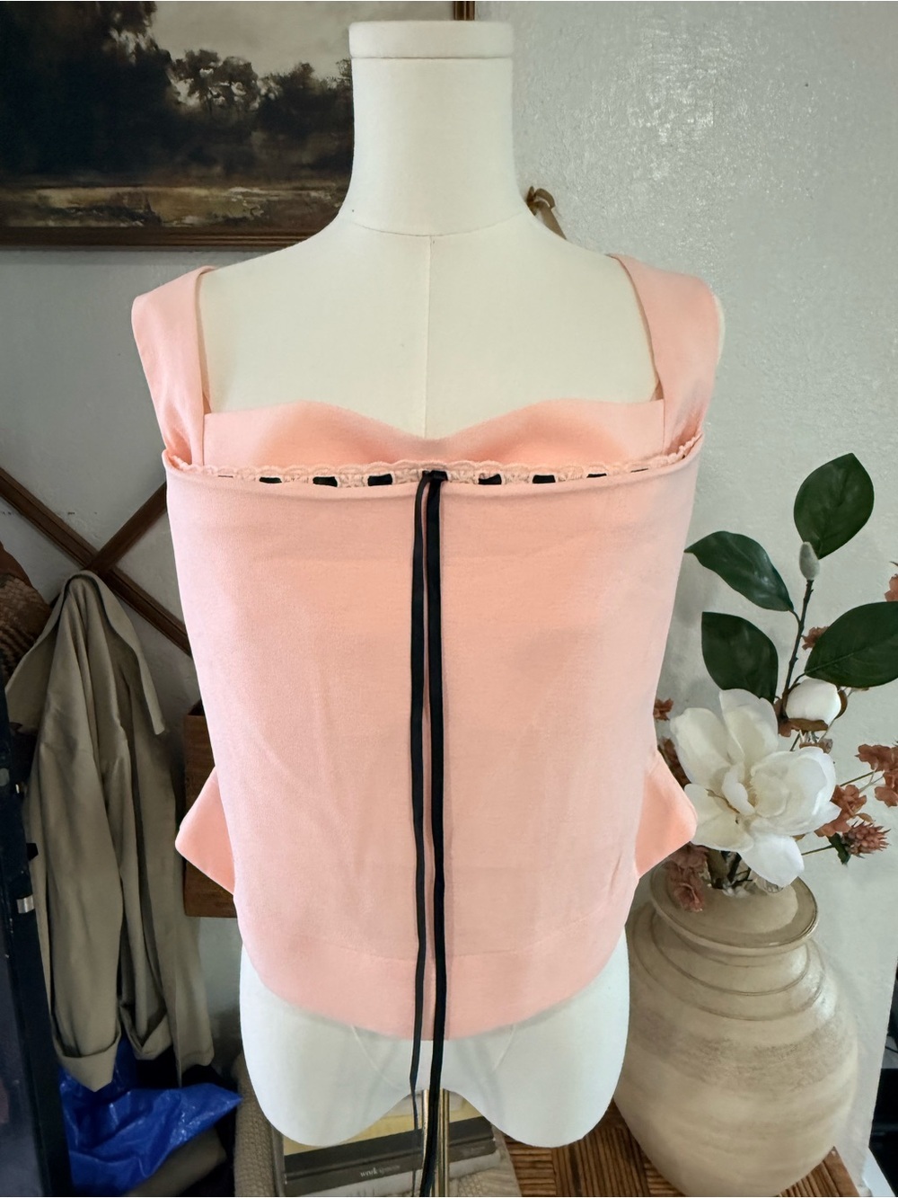Miaou Blush Pink Strap Top with Black Ribbon Trim